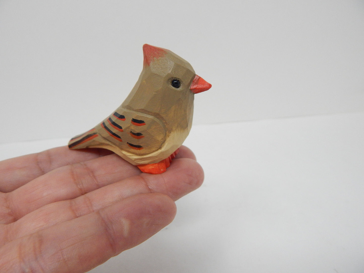 Female Cardinal Wood Ornament Hanging Red Bird Figure Handmade Carved Decoration