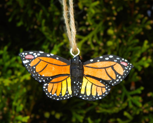 Hand-Carved Wooden Monarch Butterfly Ornament – Rustic Hanging Decor