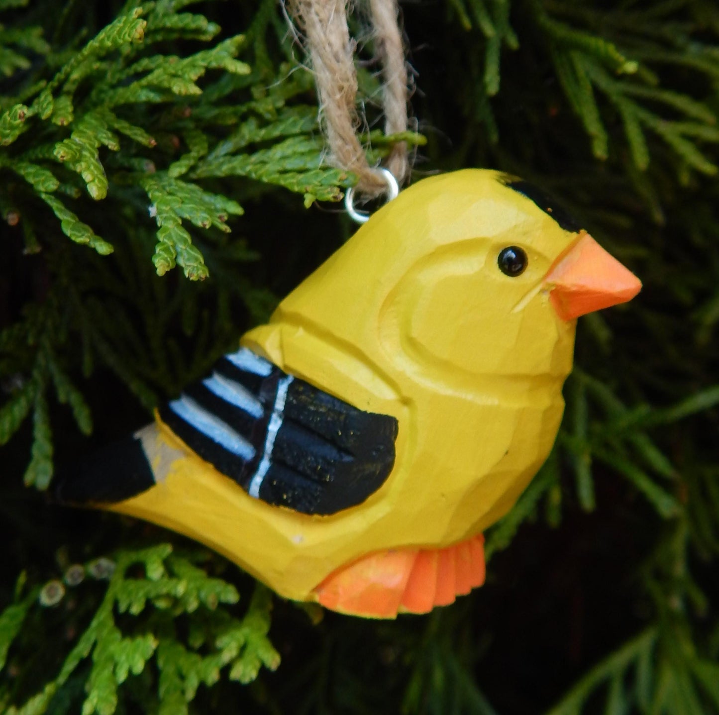 Hand-Carved Wooden American Goldfinch Ornament – Rustic Mini Bird Decor