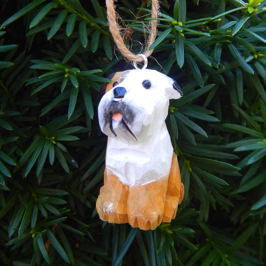 Hand-Carved Wooden Bulldog Ornament – Miniature Pet Holiday Decor