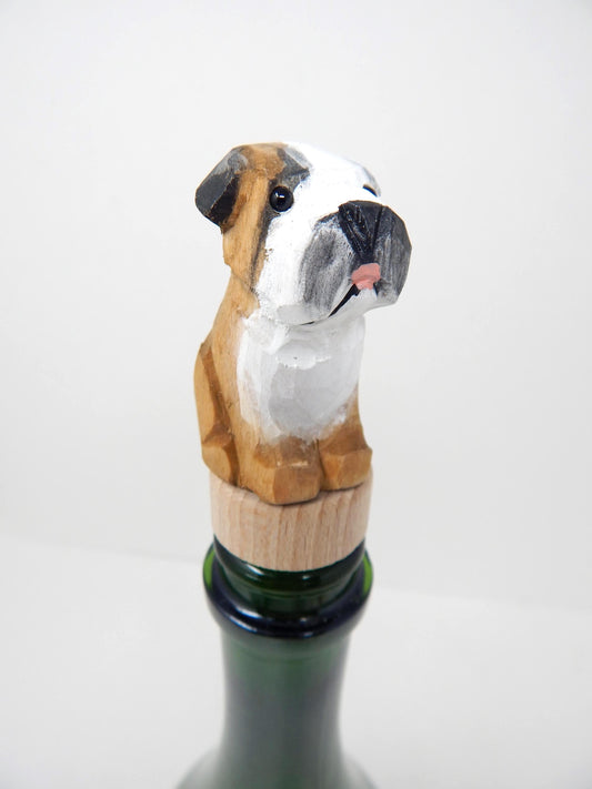 Hand-Carved Wooden Bulldog Wine Stopper – Rustic Bottle Plug