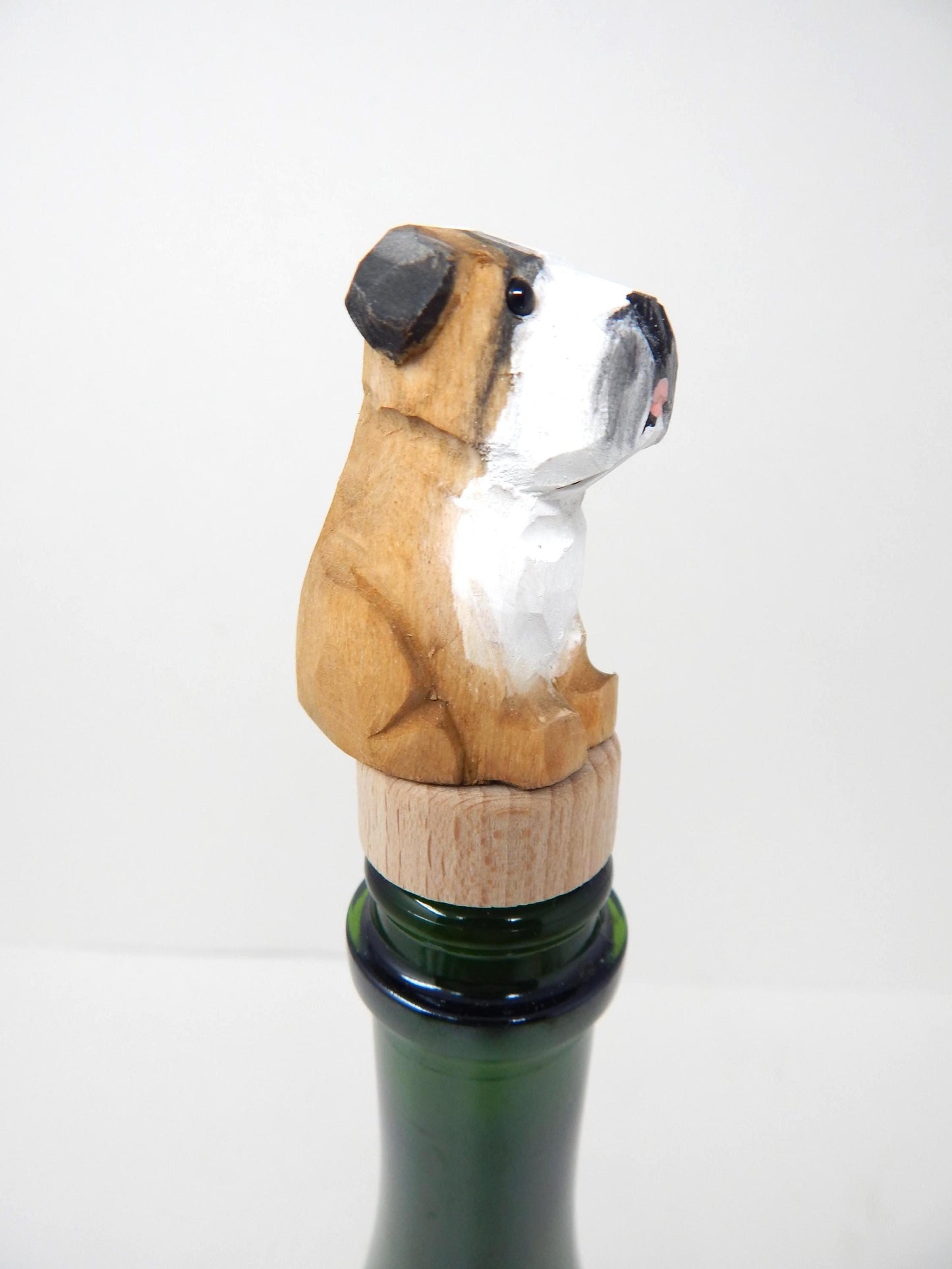 Hand-Carved Wooden Bulldog Wine Stopper – Rustic Bottle Plug