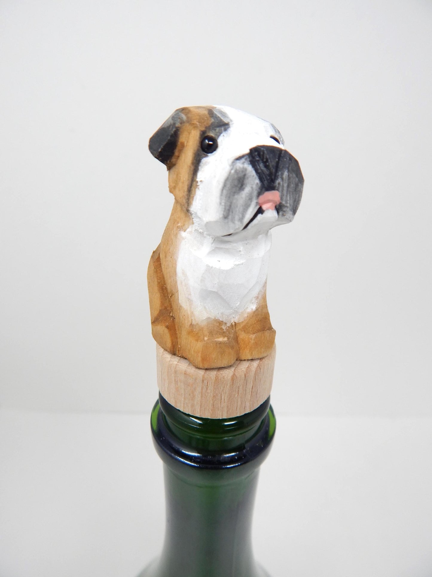 Hand-Carved Wooden Bulldog Wine Stopper – Rustic Bottle Plug