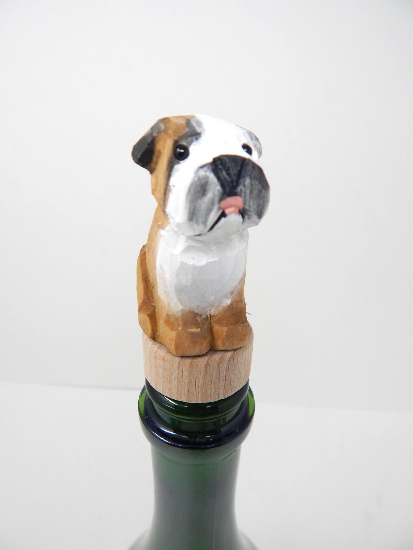 Hand-Carved Wooden Bulldog Wine Stopper – Rustic Bottle Plug