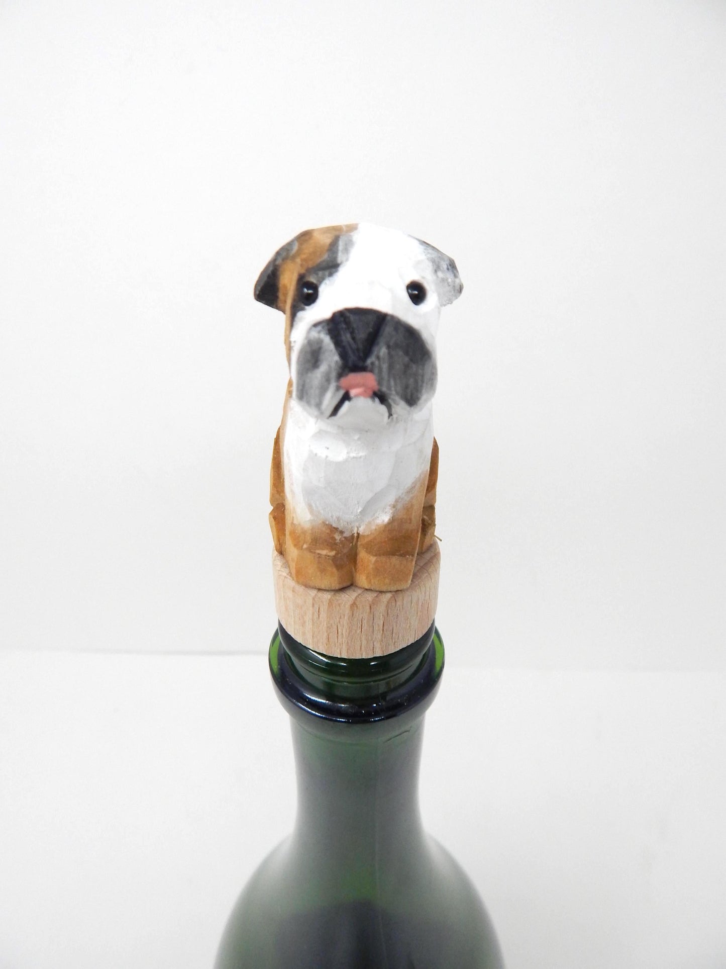 Hand-Carved Wooden Bulldog Wine Stopper – Rustic Bottle Plug