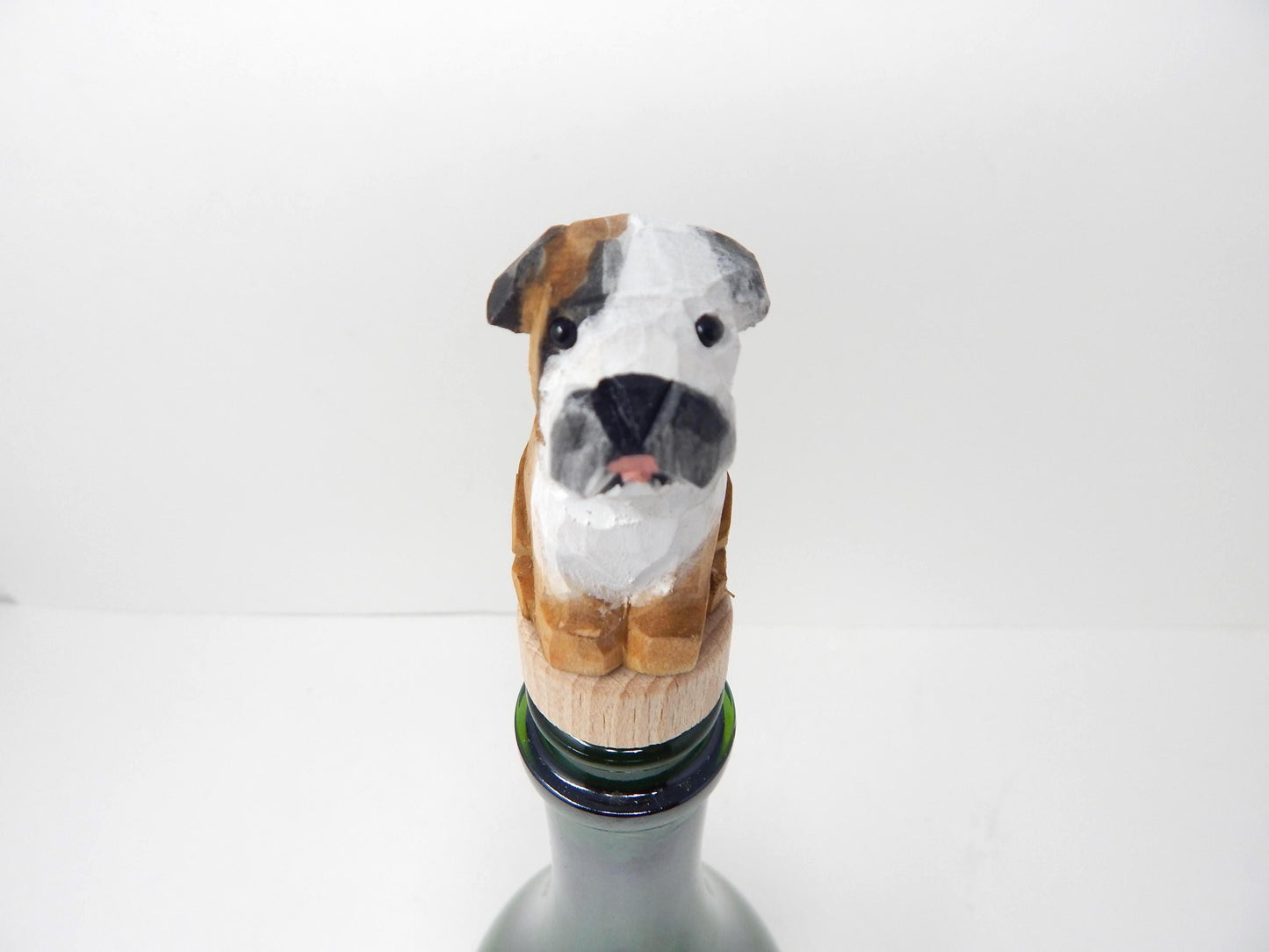 Hand-Carved Wooden Bulldog Wine Stopper – Rustic Bottle Plug